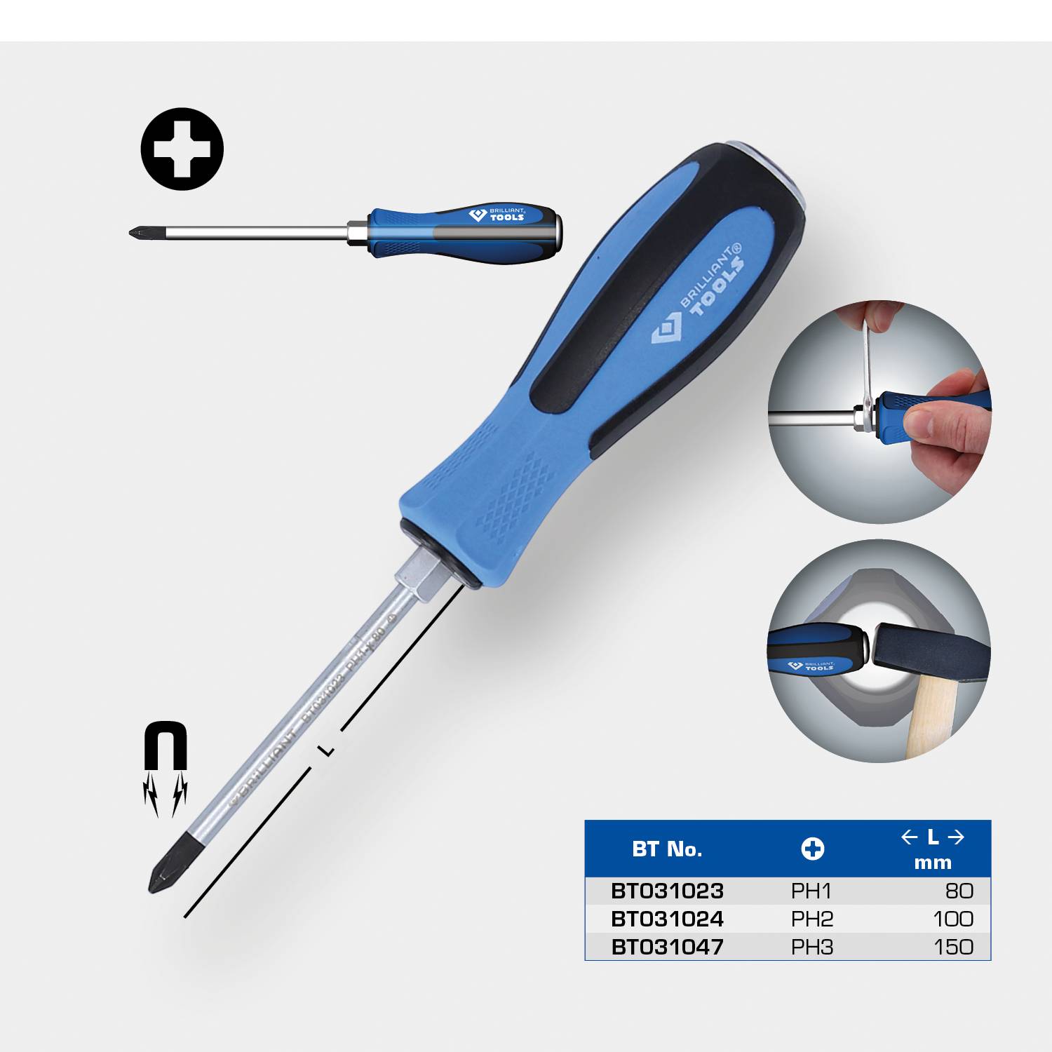 Elektrický šroubovák s výměnným bitem, magnetickým hrotem a popisem rukojeti. Velikosti: PH1 80 mm, PH2 100 mm, PH3 150 mm.