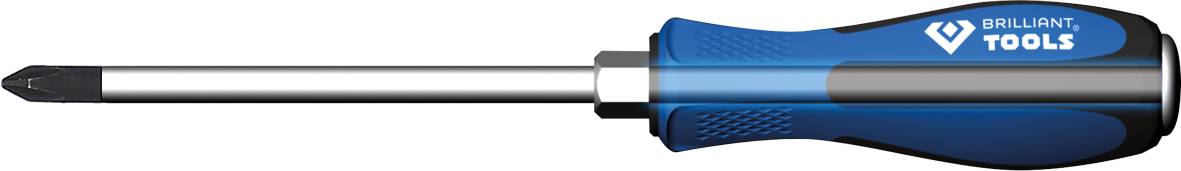 Modrý křížový šroubovák s černou rukojetí s nápisem 'Brilliant Tools'.