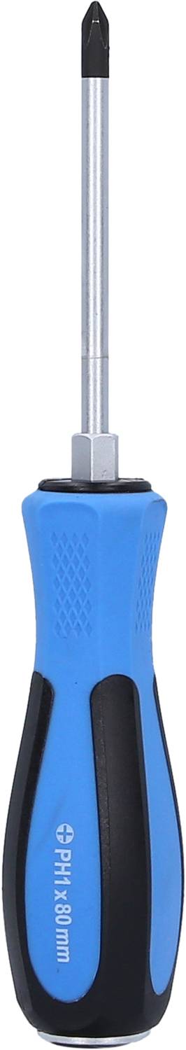 Křížový šroubovák s modrým ergonomickým držadlem a stříbrným hrotem, vhodný pro všestranné šroubovací práce.