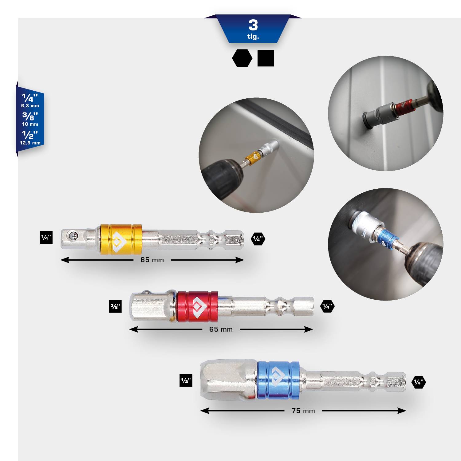 Tři ořechové adaptéry v různých velikostech a barvách: červený (65 mm), zlatý (65 mm), stříbrný (75 mm), zobrazené s vhodnými aplikacemi.