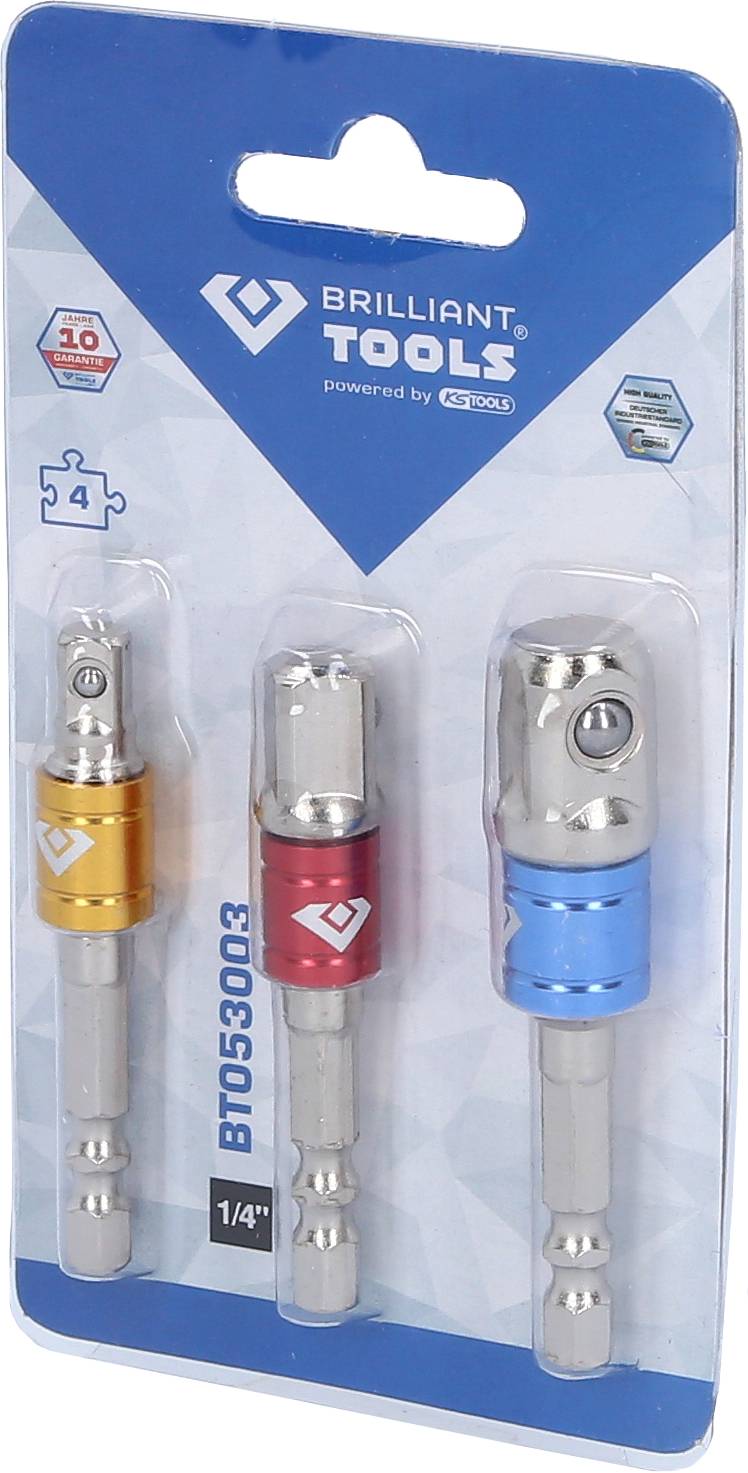 Tři síťové adaptéry v různých velikostech na jedné kartě, celkem tři adaptéry s rychloupínacím mechanismem ve zlaté, červené a modré barvě.