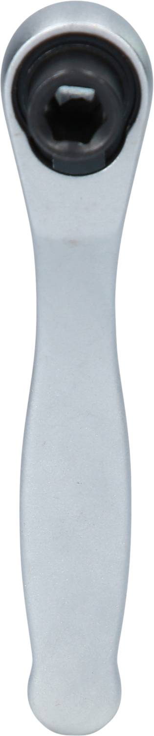 Stříbrný klíč s ráčnou v elegantním designu s černým kulatým zakončením nahoře. Vhodný pro manuální otáčení šroubových spojů.