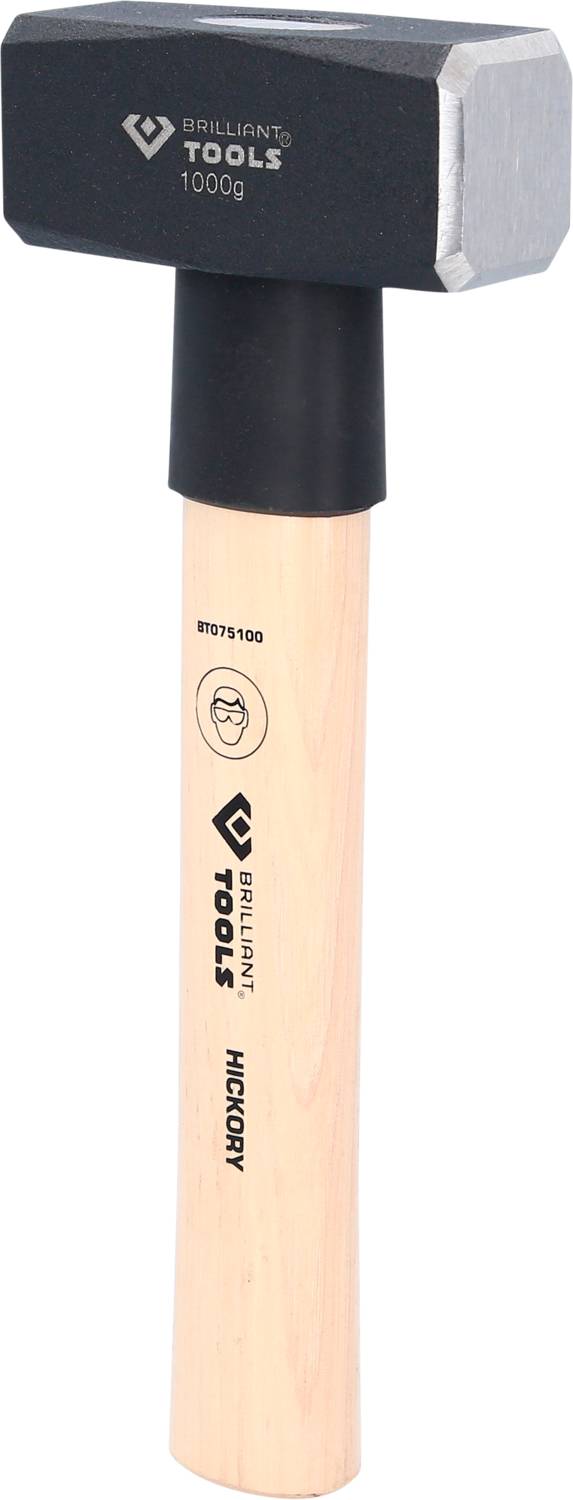 Kladivo s dřevěnou rukojetí a kovovým tělem, označené nápisem 'BRILLIANT TOOLS', váha 1000g. Vhodné pro stavební práce a použití v dílně.