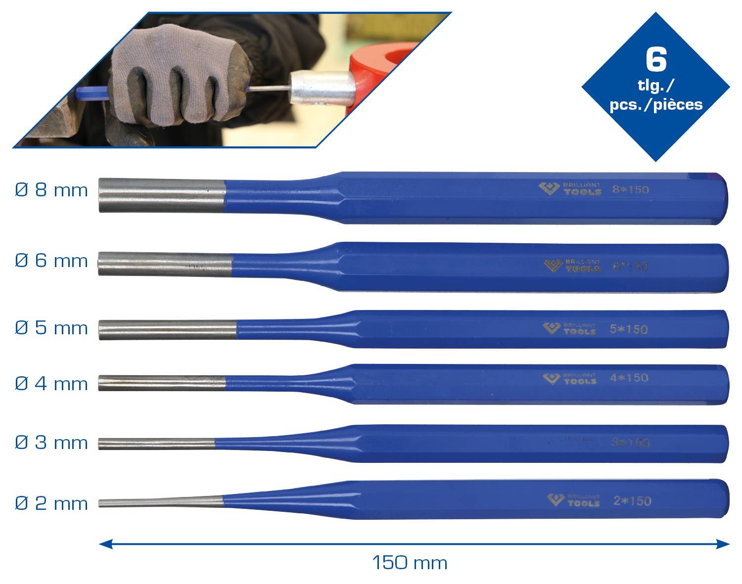 Sada 6 průbojníků s průměry od 8 mm do 2 mm. Každý nástroj je dlouhý 150 mm a je vhodný pro přesné práce.