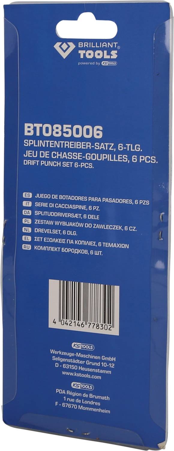 'Brilliant Tools' balení, modré. Text: 'BT085006 Sada na vytahování kolíků, 6-dílná.' Čárový kód a výrobní informace jsou přítomny.