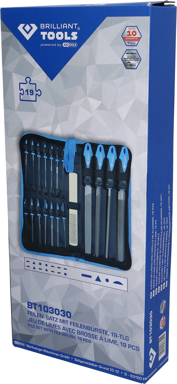 Sada pilníků s kartáčem, 19 dílů. Obsahuje různé pilníky a kartáč v modré schránce. Výrobek značky Brilliant Tools.