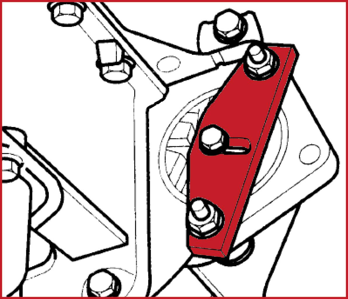 Ilustrace mechanické součásti s červeným krytem, upevněné šrouby. Důraz je kladen na červenou komponentu.