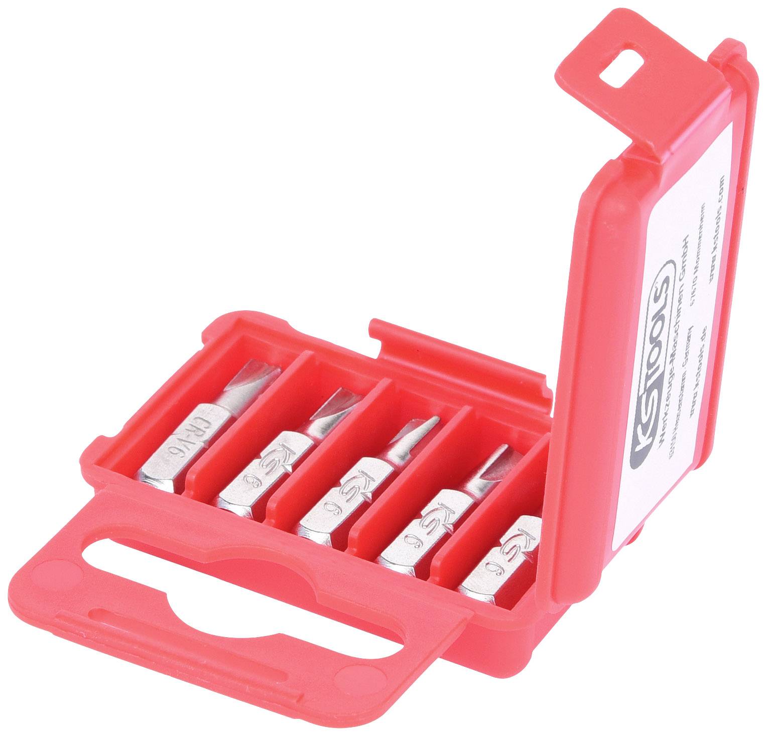 Otevřené červené plastové pouzdro od KS Tools s pěti stříbrnými pojistkami, označenými různými hodnotami ampérů.