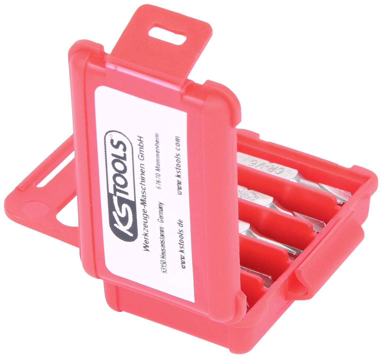 Červený plastový kufřík od KS Tools s sadou bitů. Na kufříku je umístěn čitelný štítek s názvem společnosti.