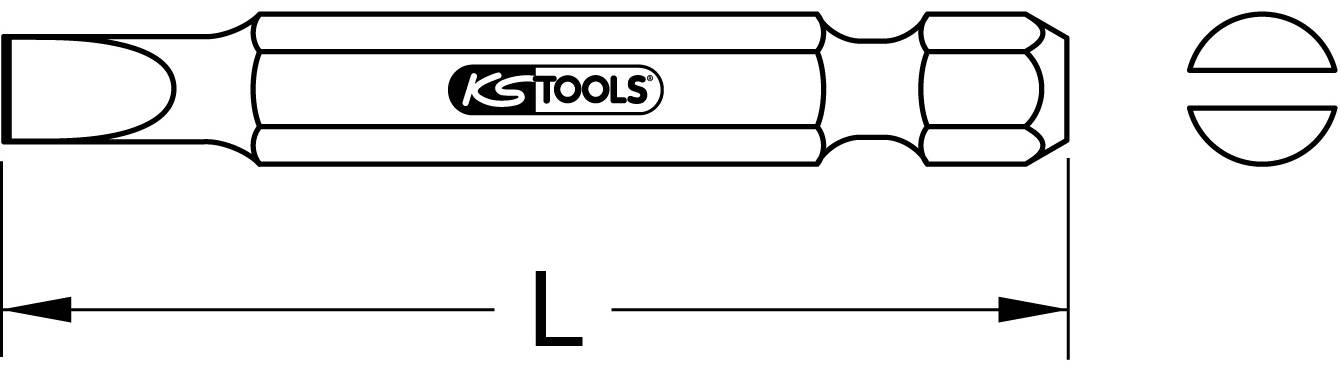 Nákres plochého šroubováku (plochého bitu) od KS Tools, zobrazující délku 'L' a detaily z bočního a horního pohledu.