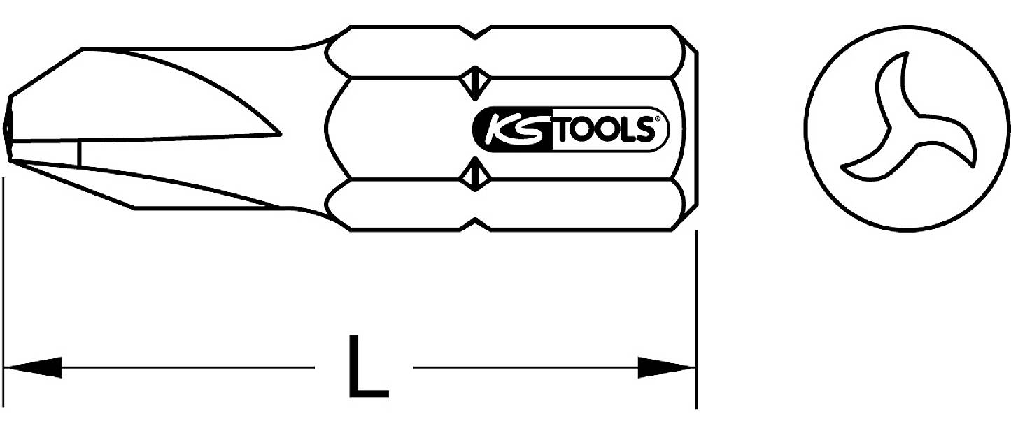 Šroubovák s kulatým profilem čepele a třemi křídly. Logo KS Tools umístěné centrálně. Délka je označena písmenem 'L'.