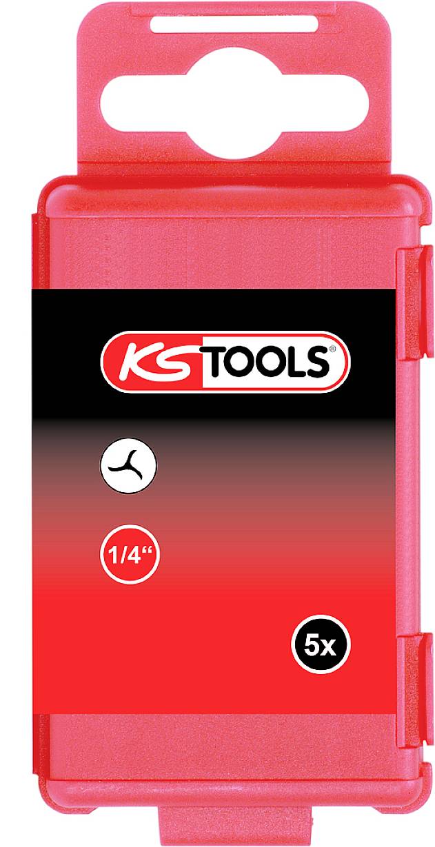 Červený plastový box od 'KS Tools' na nářadí, s potiskem, symboly pro velikost nástrčného klíče 1/4 palce a množstvím 5.