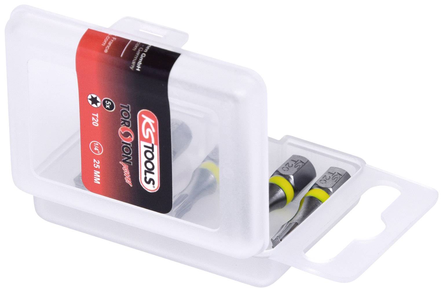 Průhledný plastový obal se dvěma bity, označený nápisem 'KS TOOLS TORSIONpower T20, 25 mm'.