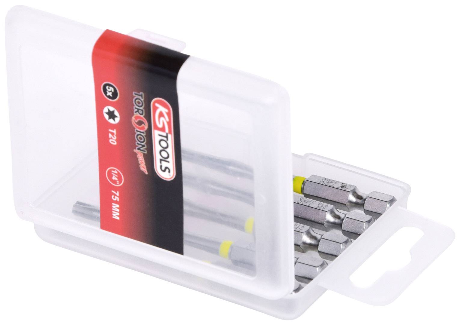Průhledné plastové pouzdro obsahuje několik stříbrných nástavců šroubováku značky KS Tools, označených jako T20, o délce 75 mm.