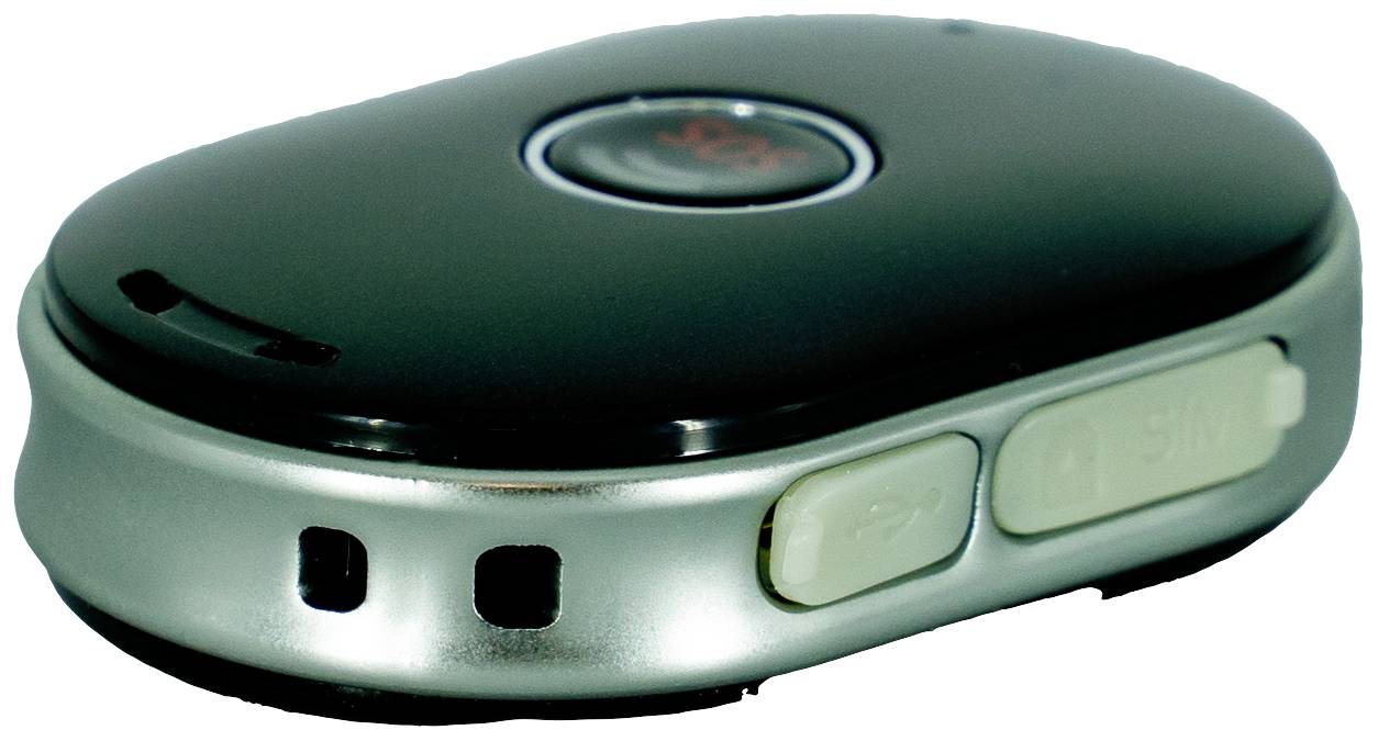 Kompaktní přenosné zařízení s oválným designem, s tísňovým tlačítkem uprostřed. Pravděpodobně GPS tracker nebo SOS přístroj.