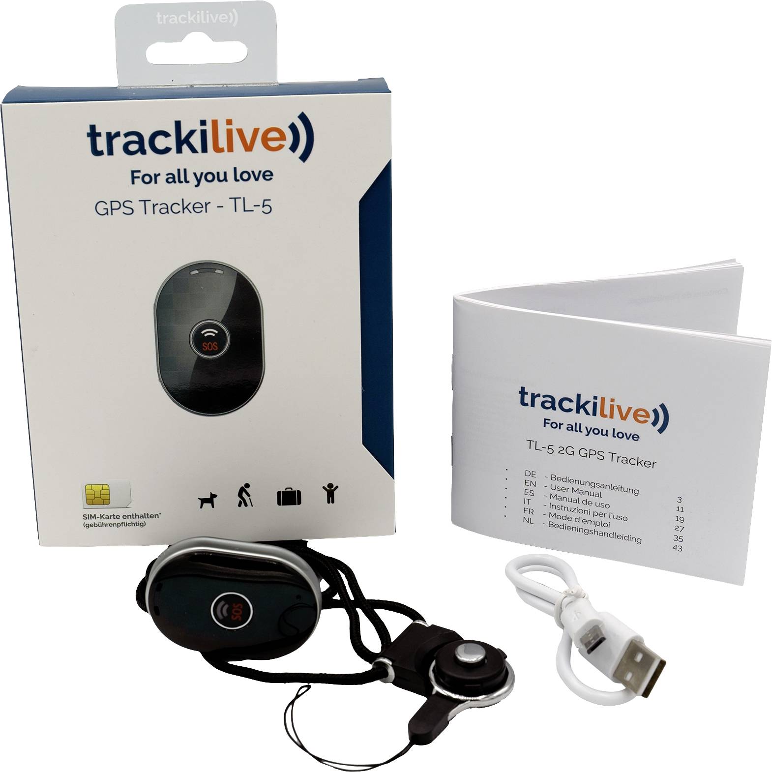 Balení "trackilive TL-5 GPS Trackeru" s vyobrazeným zařízením, USB kabelem a návodem k použití. Vhodné pro sledování polohy.