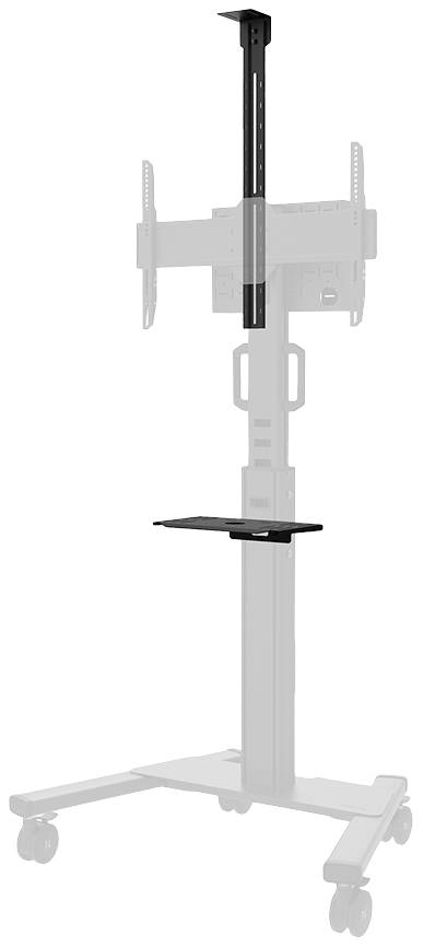 Výškově nastavitelný TV stojan na kolečkách s držákem na obrazovky, středovou policí a teleskopickou tyčí nahoře.