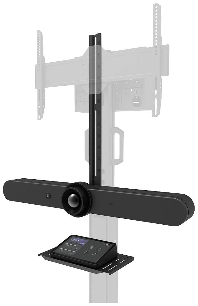Konferenční kamera s integrovaným reproduktorem na výškově nastavitelném stojanu, pod nímž je dotykový ovládací panel.