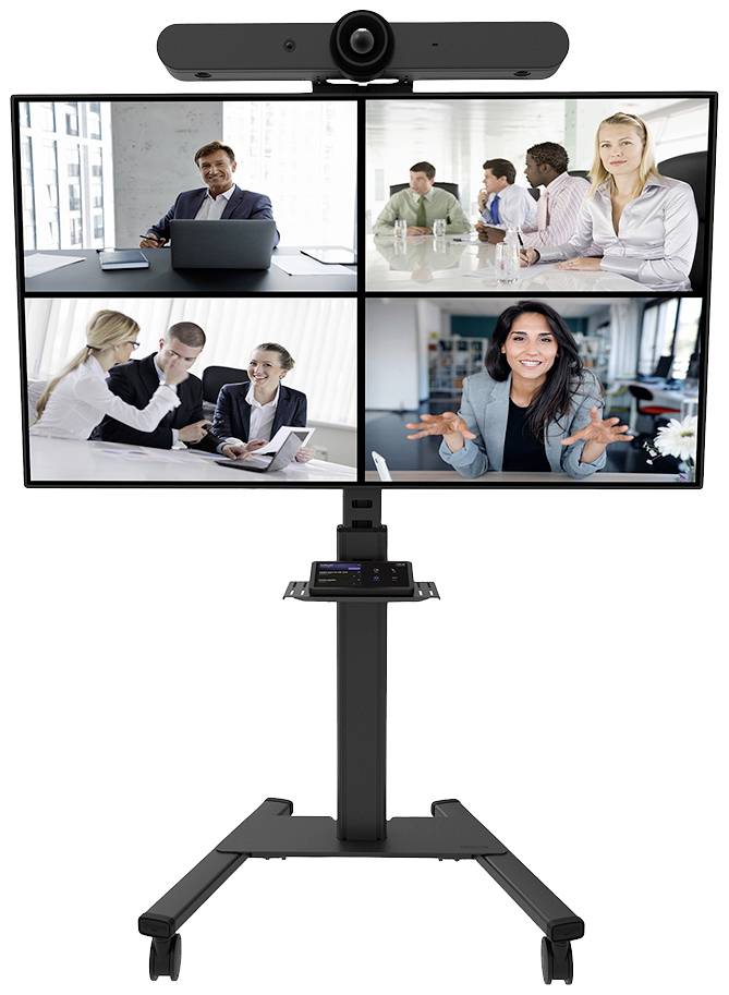 Obraz videokonferenčního systému se čtyřmi účastníky na samostatných obrazovkách. Dva muži a dvě ženy diskutují v kanceláři.