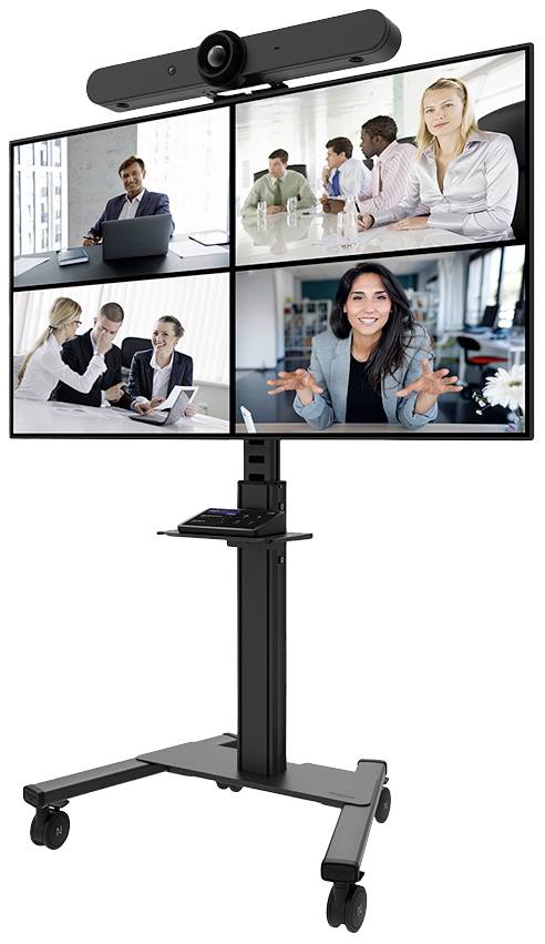 Videokonferenční systém s kamerou umístěnou nahoře na stojanu monitoru. Monitor zobrazuje čtyři obrazovky s různými skupinami lidí v průběhu virtuální schůzky.