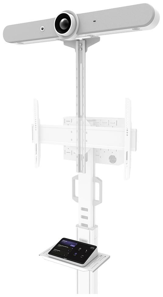 Videokonferenční systém s kamerou, mikrofonní lištou a držákem displeje, vhodný pro profesionální zasedací místnosti.