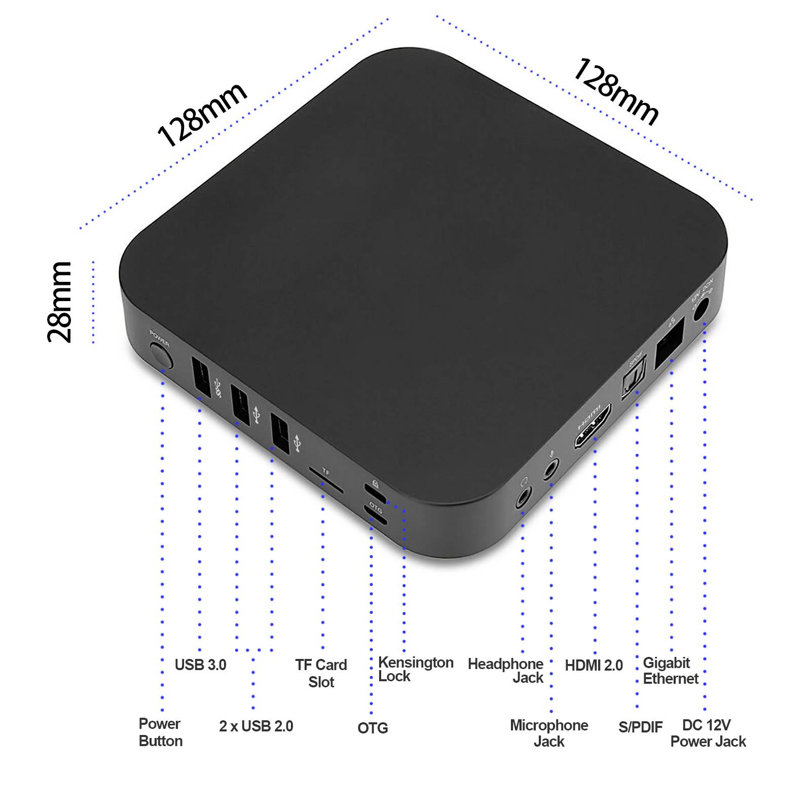 Černé čtvercové zařízení s rozměry 128 mm x 128 mm x 28 mm. Obsahuje konektory: USB 3.0, 2x USB 2.0, slot na TF kartu, HDMI, Ethernet.