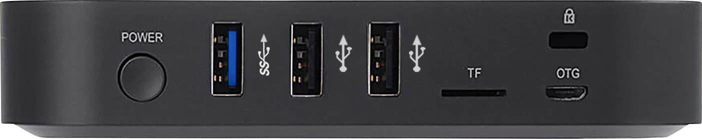 Černý adaptér s napájecím tlačítkem, 3 USB porty, slotem pro TF kartu, symbolem zámku a OTG konektorem.