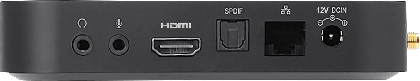 Zadní strana mediálního přehrávače s konektory: sluchátka, HDMI, SPDIF, Ethernet, 12V stejnosměrný proud.