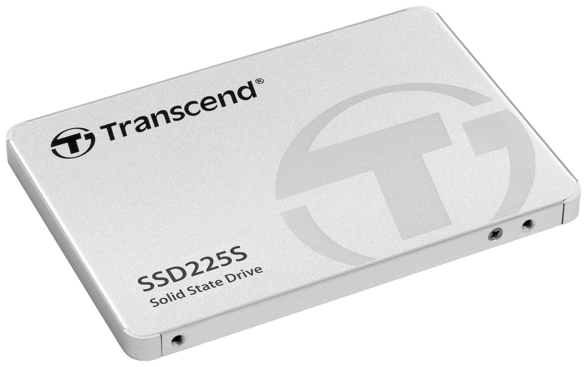 Externí SSD disk Transcend SSD225S, stříbrné šasi, válcovitý tvar, viditelné firemní logo.