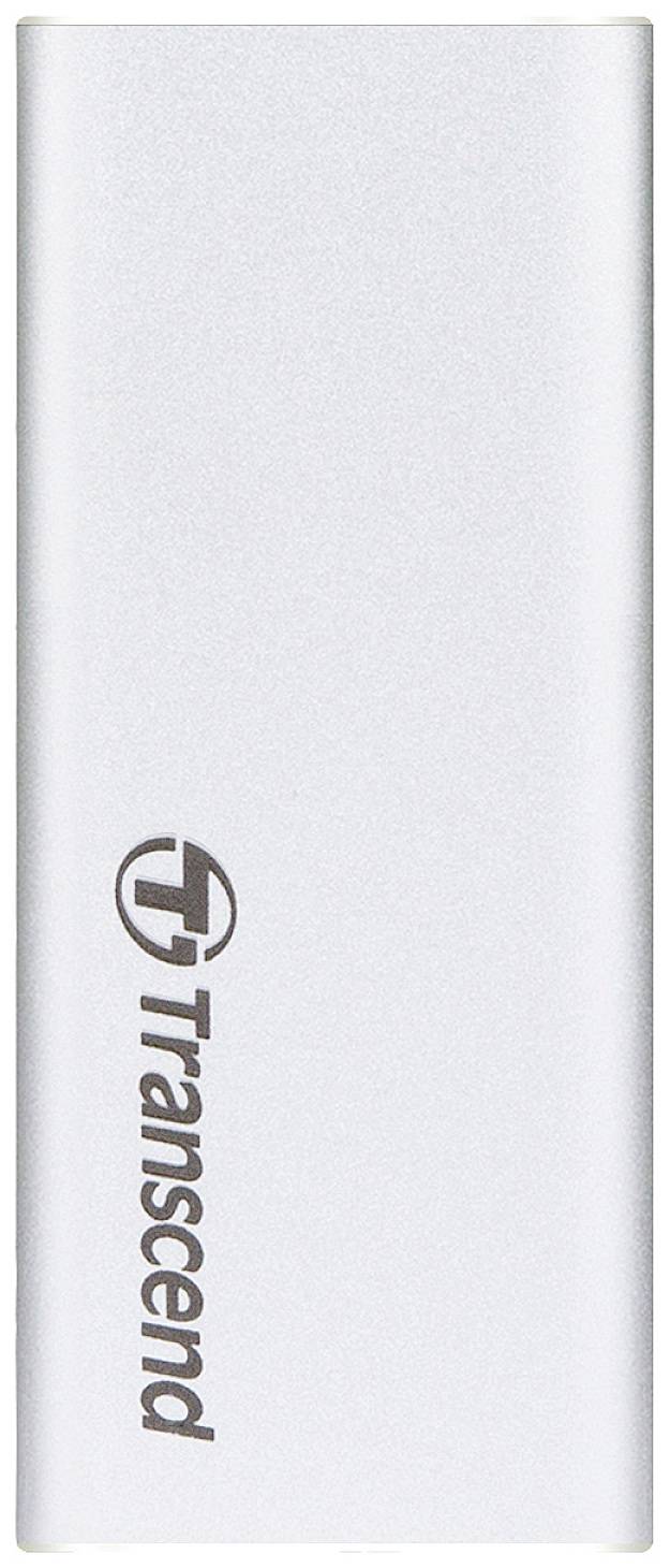 Stříbrný vertikální USB flash disk Transcend s logem na levé straně.