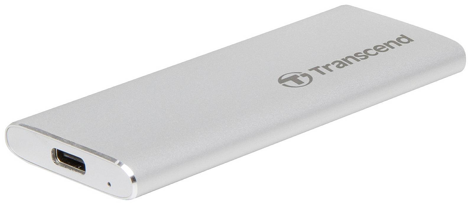 Externí stříbrný pevný disk značky Transcend, zobrazený v perspektivním pohledu s viditelným USB konektorem.