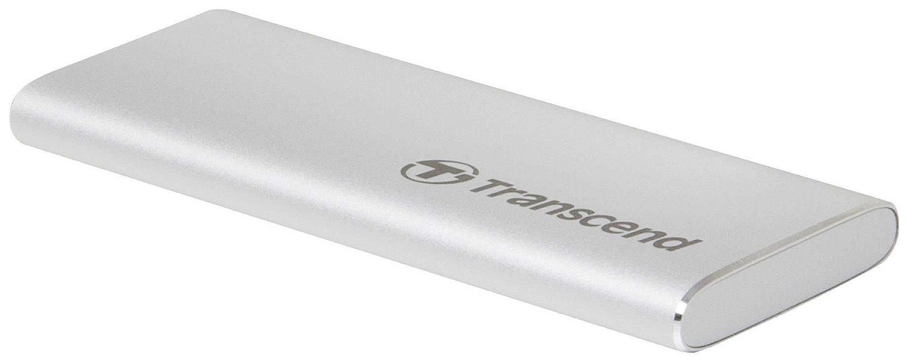 Stříbrný externí disk značky Transcend s elegantním designem na bílém pozadí.