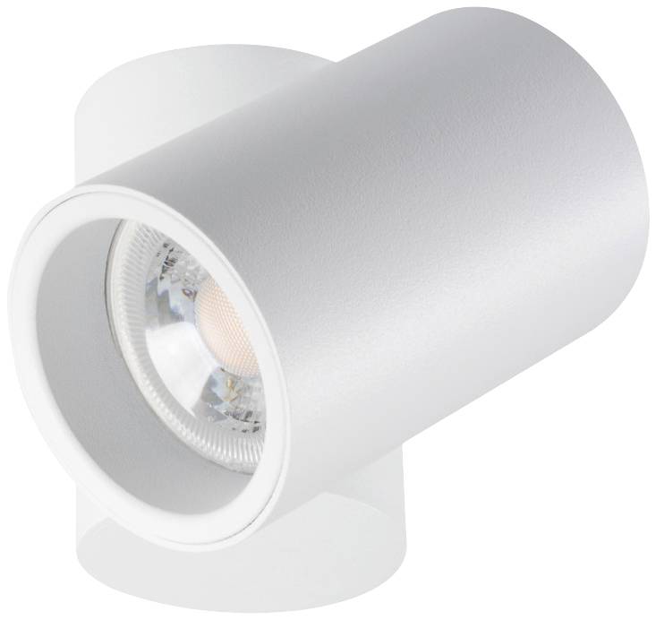 Bílý válcový bodový reflektor v moderním designu, připevněný ke stropu, osvětluje prostor směrem dolů.