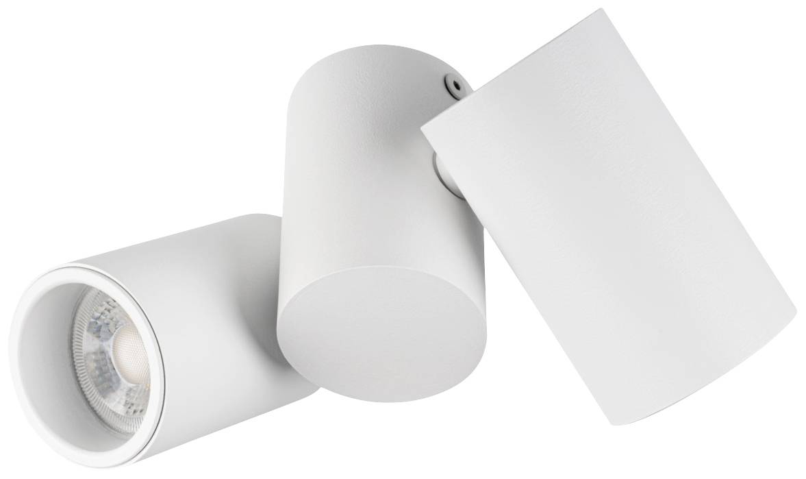 Tři bílé válcovité LED reflektory s nastavitelnými hlavami pro montáž na strop. Ideální pro cíleně zaměřené osvětlení prostoru.