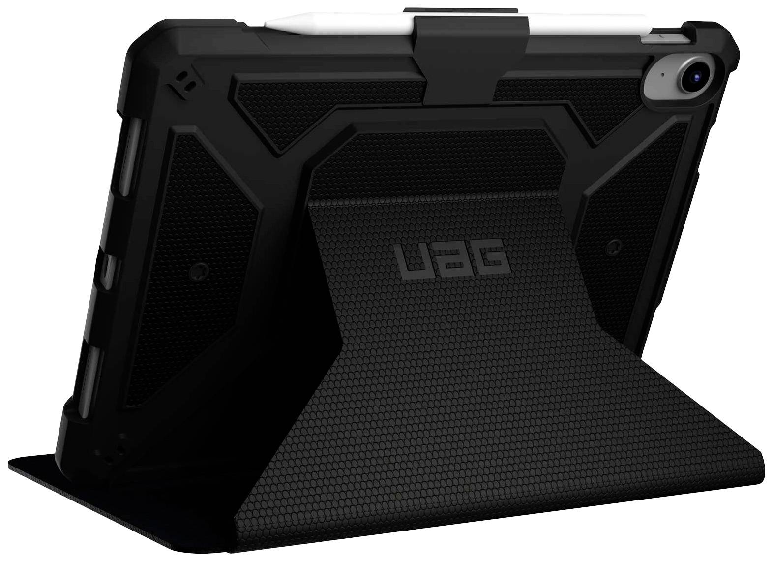 Černý ochranný kryt na tablet se stojánkou a integrovaným držákem digitálního pera, pohled zezadu.