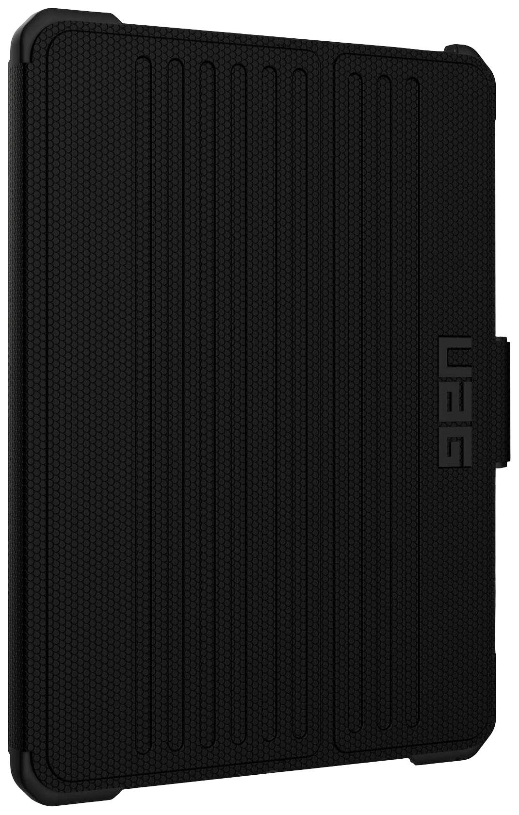 Černý robustní obal na tablet se svislými drážkami, uzavřený, s logem na straně. Ideální pro zvýšenou ochranu.