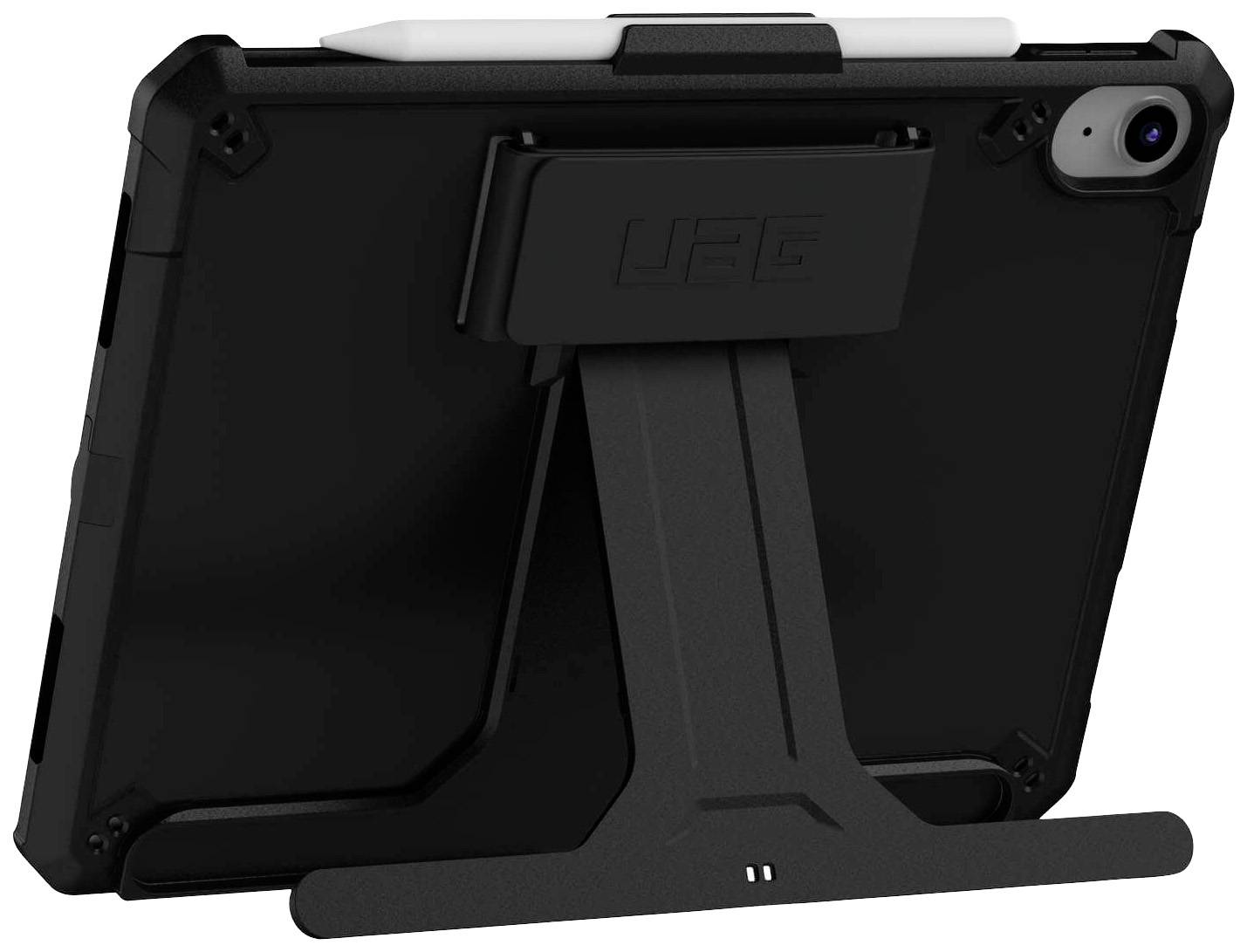 Černý tablet s ochranným pouzdrem a stojánkem. Pero leží nahoře na tabletu. Zadní kamera je viditelná.