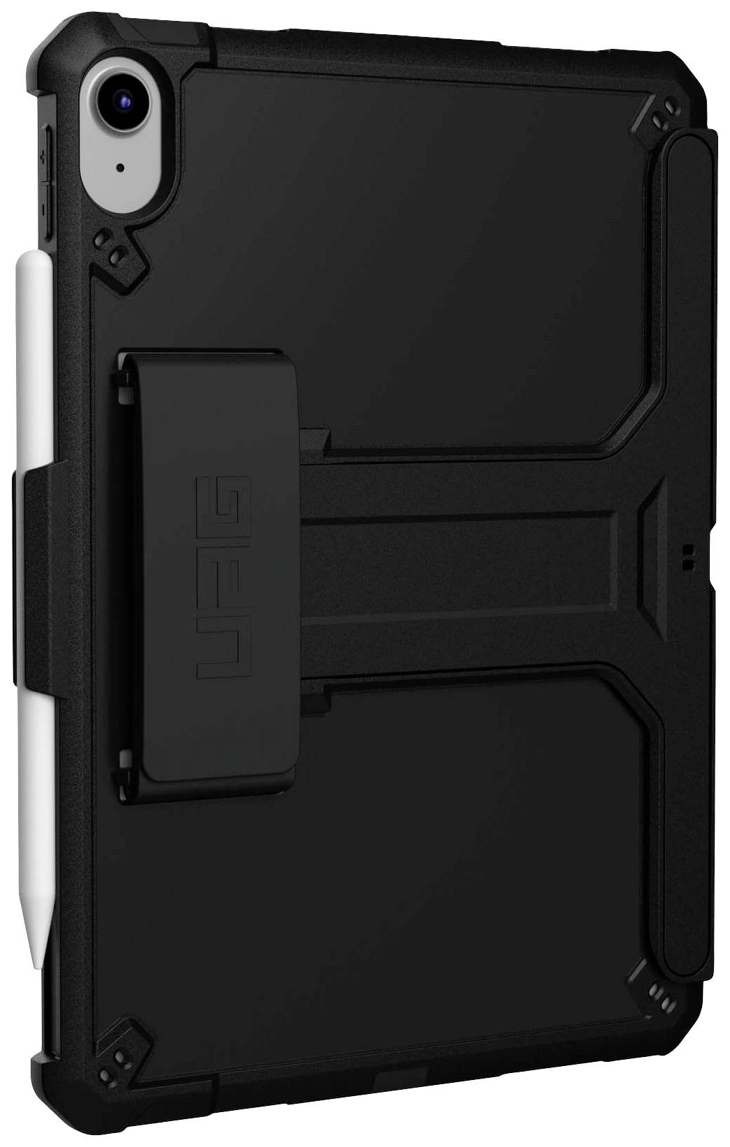 Černý ochranný kryt s integrovaným držákem na pero, vhodný pro tablet, poskytuje robustní ochranu a praktickou funkčnost.