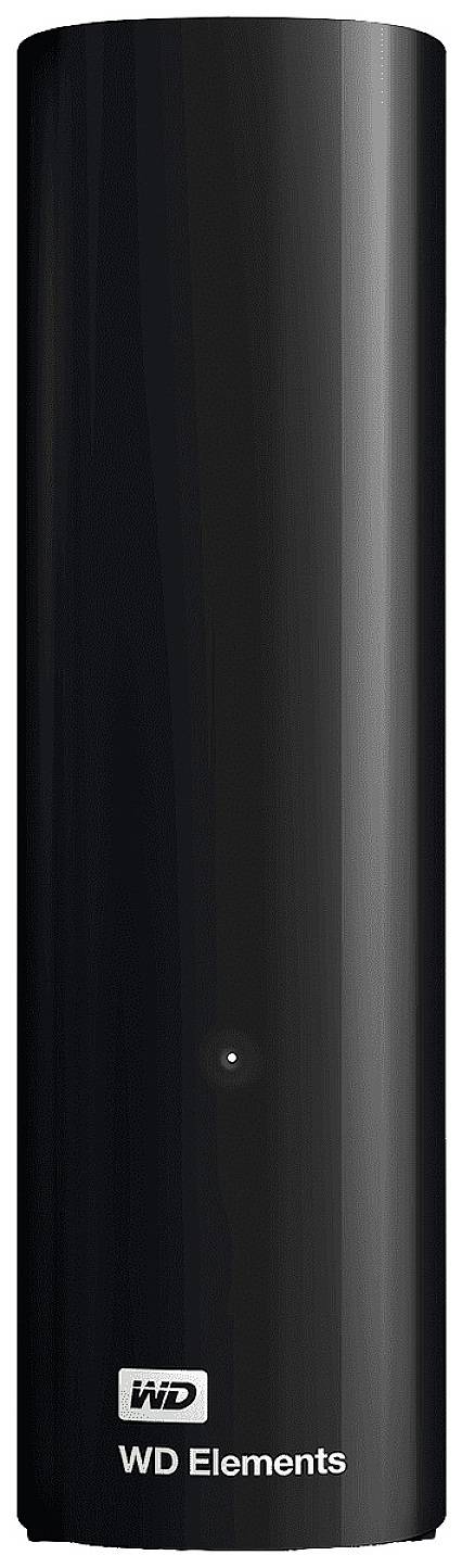 Externí pevný disk, vertikálně umístěný, černý štíhlý design, s malým bílým LED světlem vpředu, značka WD Elements.