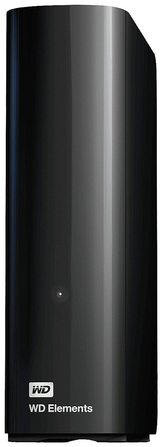 Černý externí pevný disk WD Elements s lesklým povrchem; umístěný vertikálně.