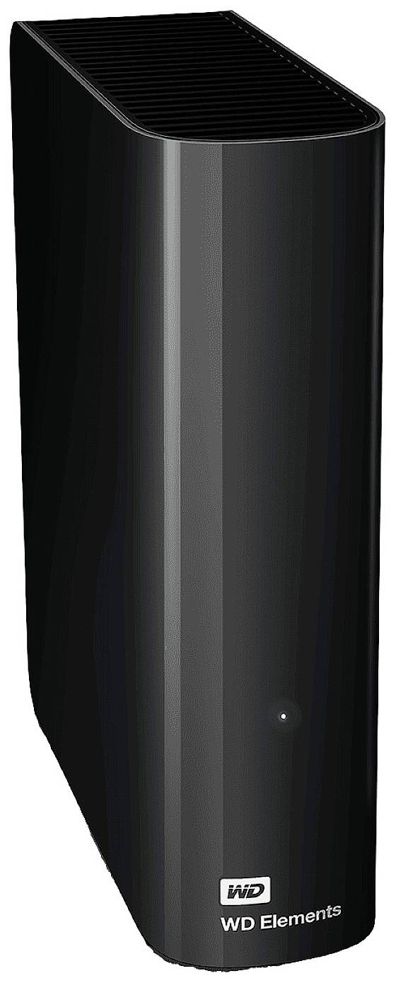 Externí černý pevný disk WD Elements s lesklým povrchem a bílým firemním logem.