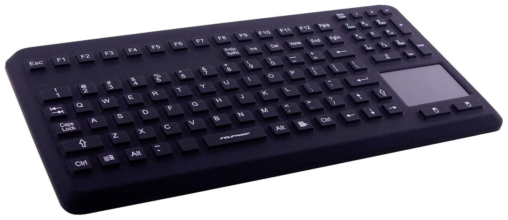 Černá průmyslová klávesnice s integrovaným touchpadem, řadou funkčních kláves a numerickou klávesnicí, položená na šikmé ploše.