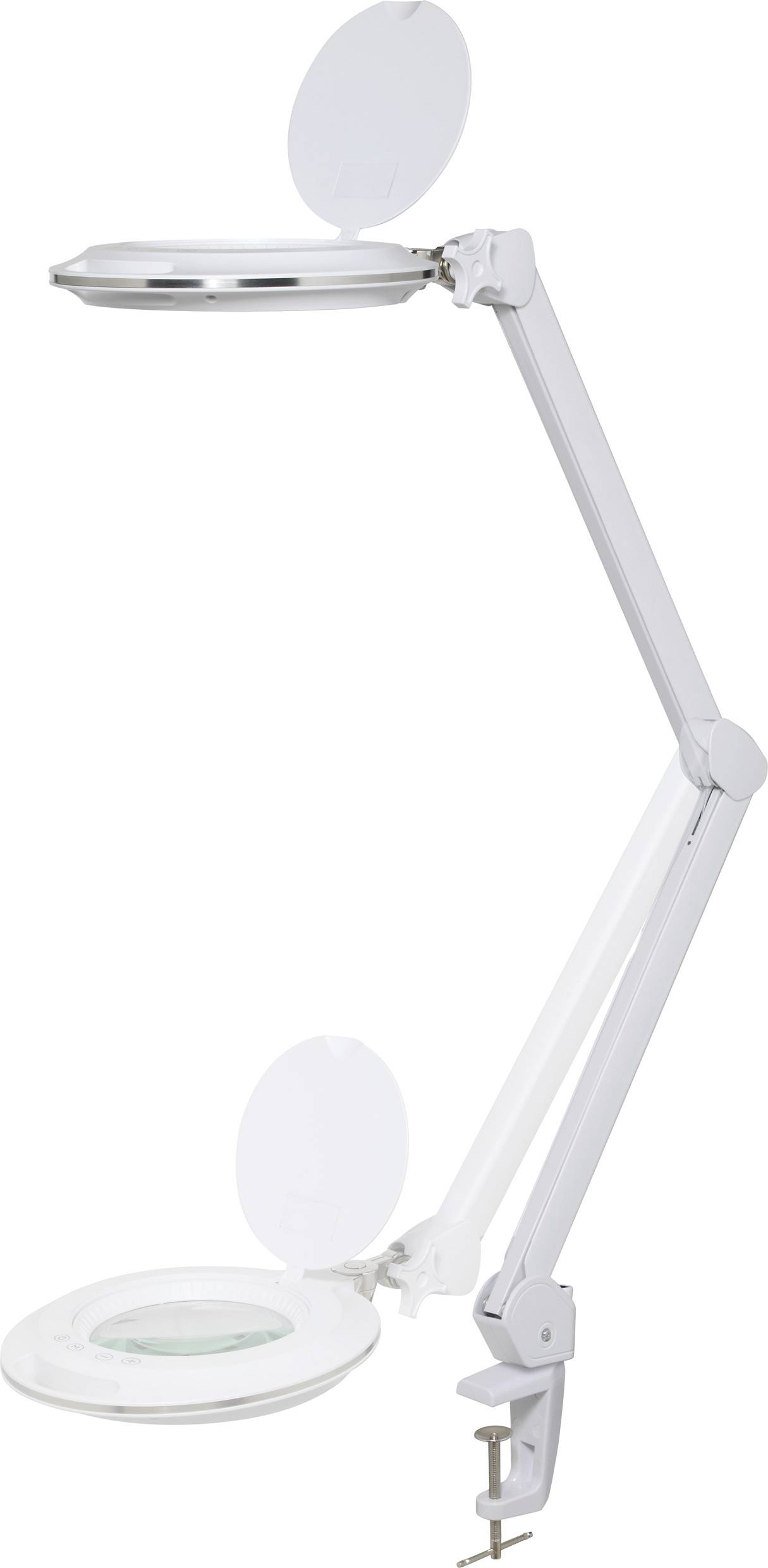 Bílá LED lupa s nastavitelným ramenem a svorkou pro upevnění na stůl. Ideální pro přesné práce nebo čtení.
