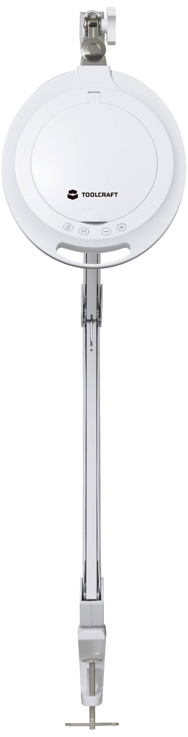 Bílý, kulatý detektor kouře s kloubovým ramenem a siluetou upevnění.