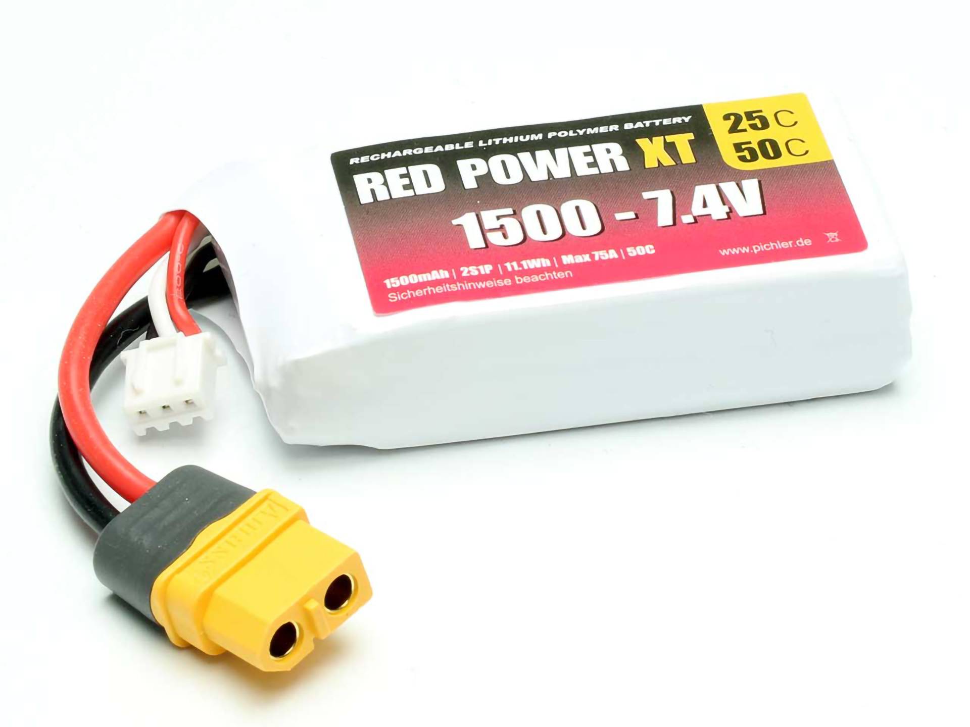 Dobíjecí lithium-polymerová baterie, značka Red Power XT, 1500 mAh, 7,4 V, s označením 25C a 50C a žlutým konektorem.