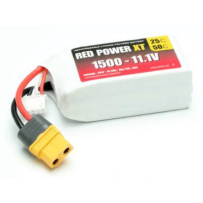 Lithium-polymerový akumulátor, 1500mAh, 11,1V. Označen jako RED POWER XT, 25C, 50C. Vybaven žlutým konektorem a červenými/černými vodiči.