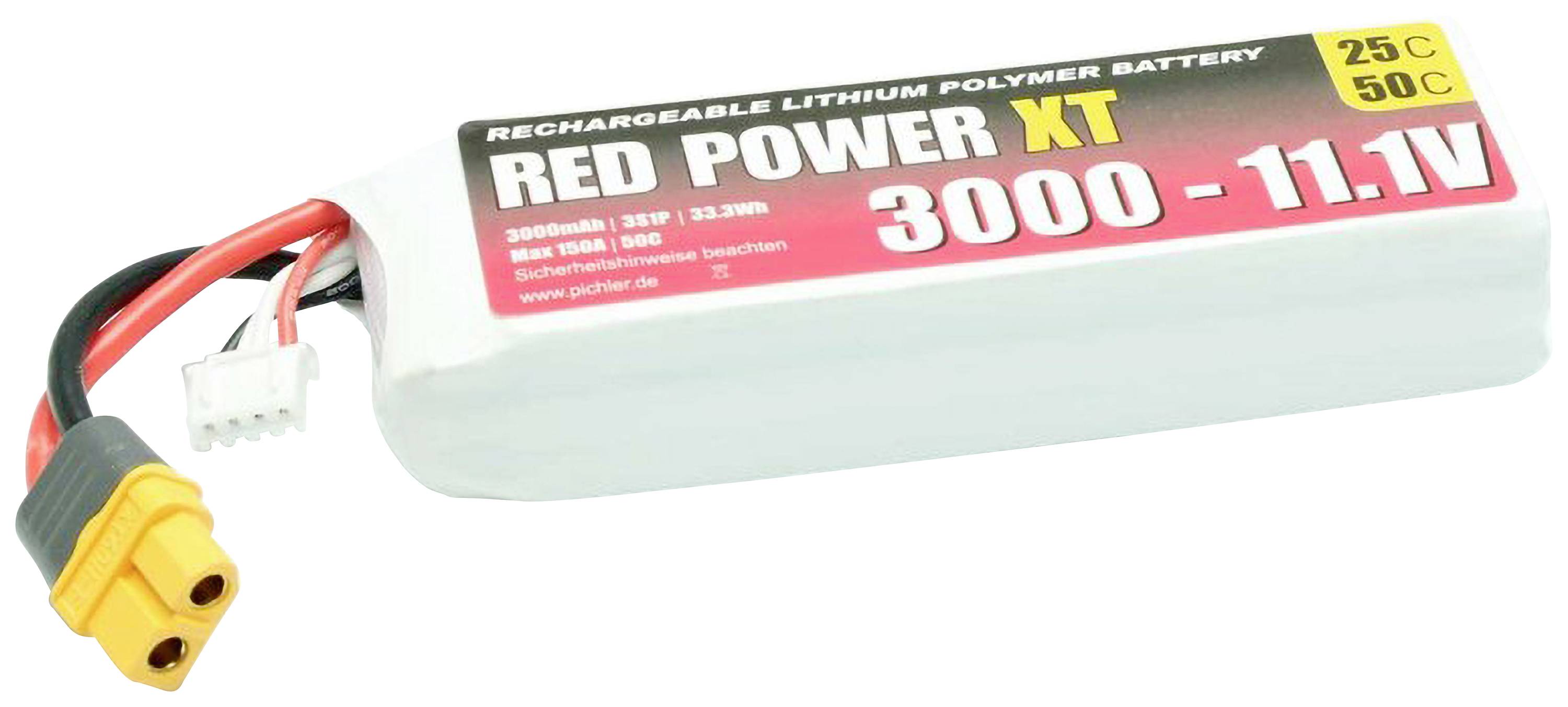LiPo akumulátor 'Red Power XT', 3000mAh, 11,1V, s konektorem XT60 a balančním připojením, vhodný pro RC vozidla.