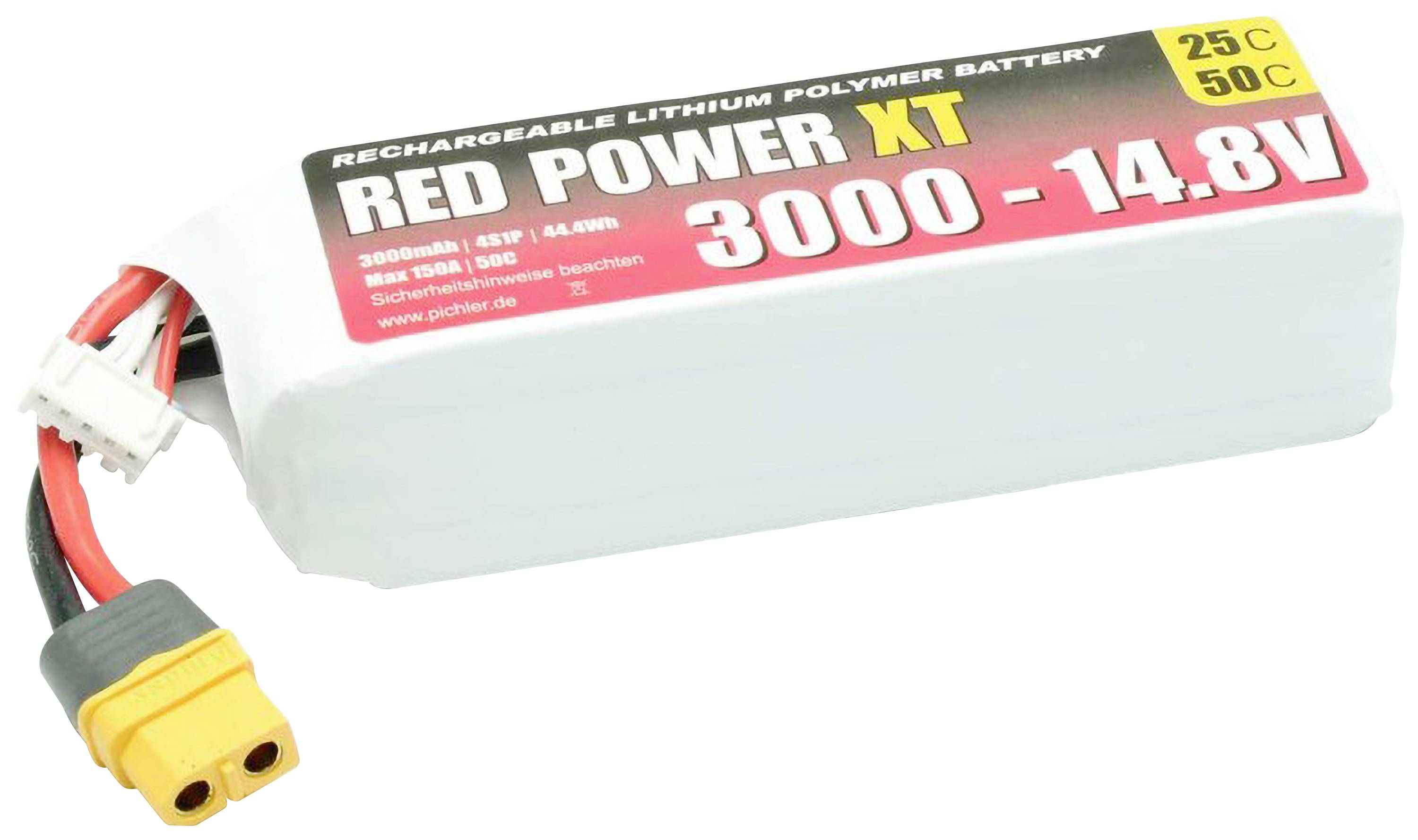 Lithium-polymerová baterie označená štítkem 'Red Power XT 3000 - 14.8V', vybavená žlutým konektorem a několika vodiči.