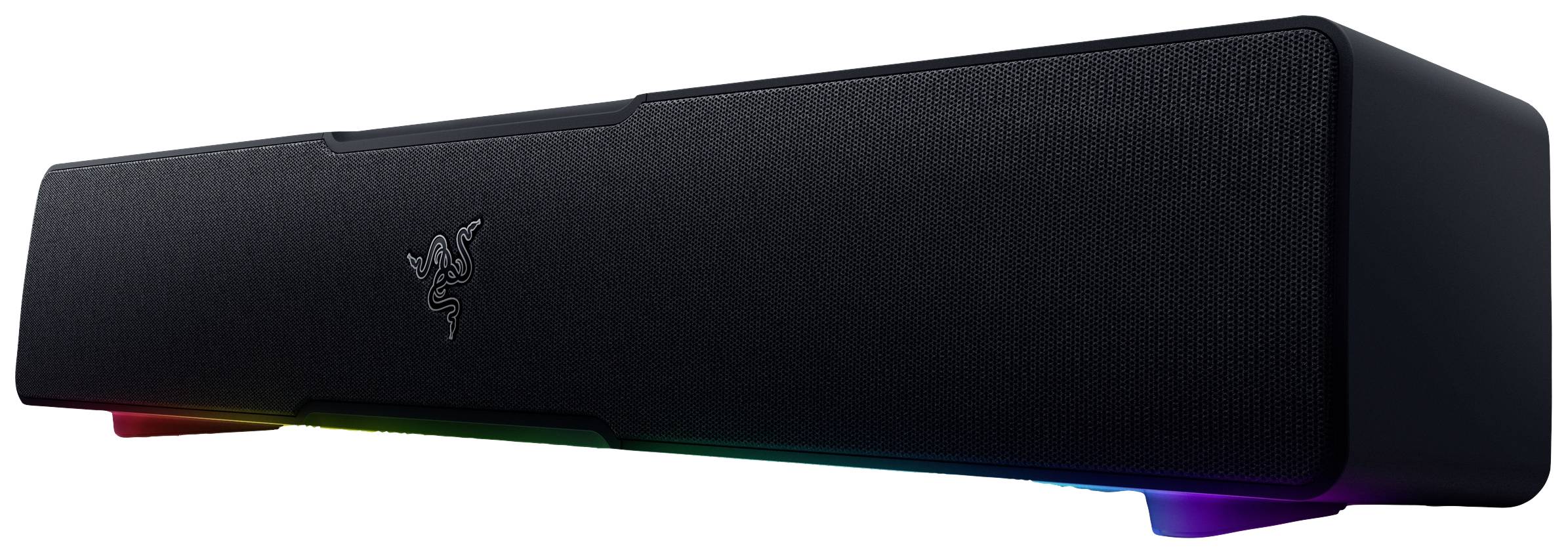 Černý obdélníkový soundbar s nenápadným logem uprostřed a svítícími RGB světly na spodní straně.