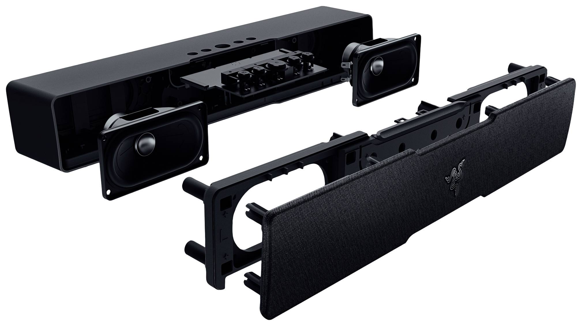 Rozložený pohled na soundbar s viditelnými reproduktory a vnitřními komponenty. Přední a zadní strana jsou zobrazeny odděleně.